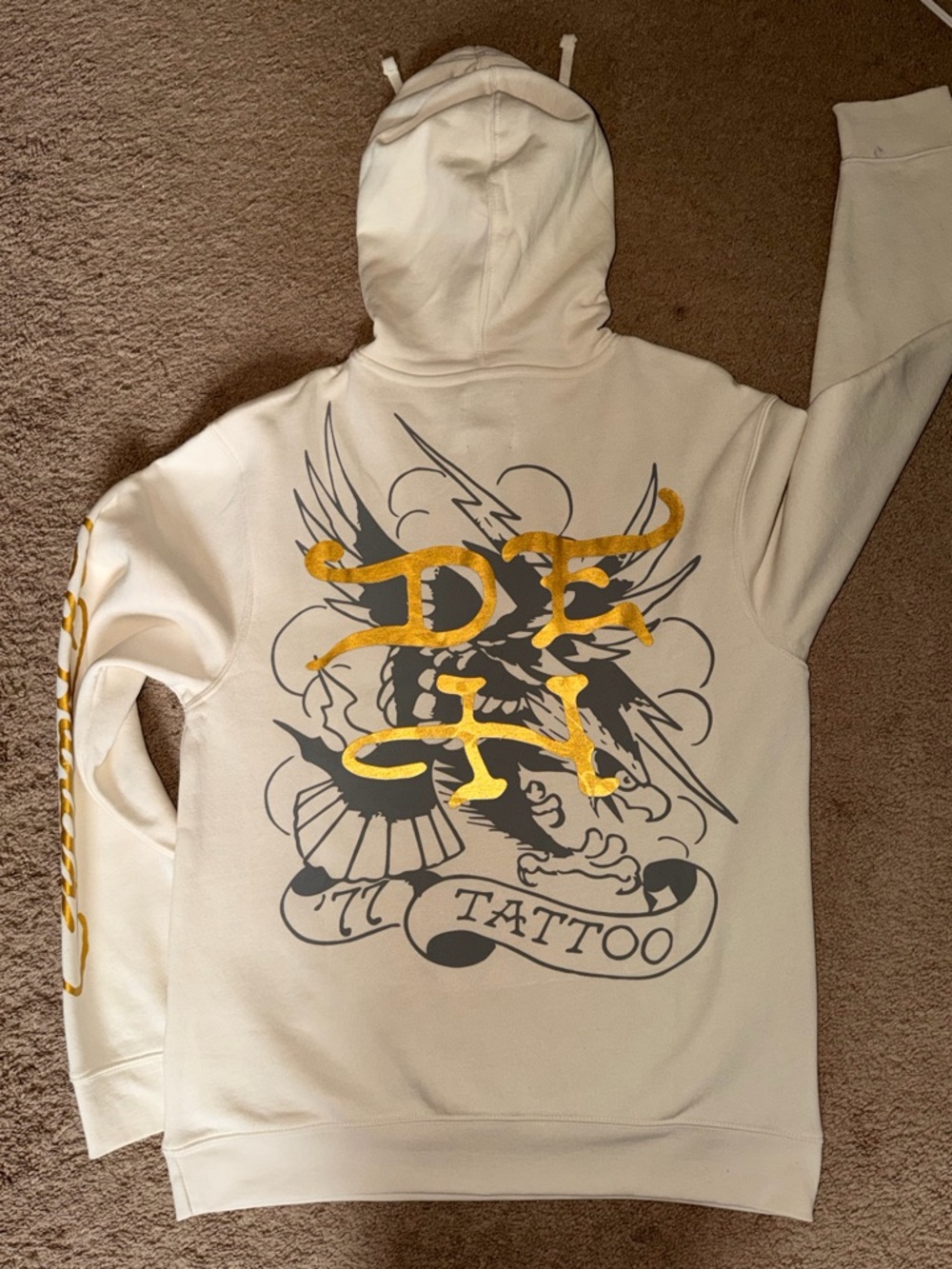 NWT Ed Hardy Ivory Hoodie with Gold Script and Black Graphic - Picture 9 of 9